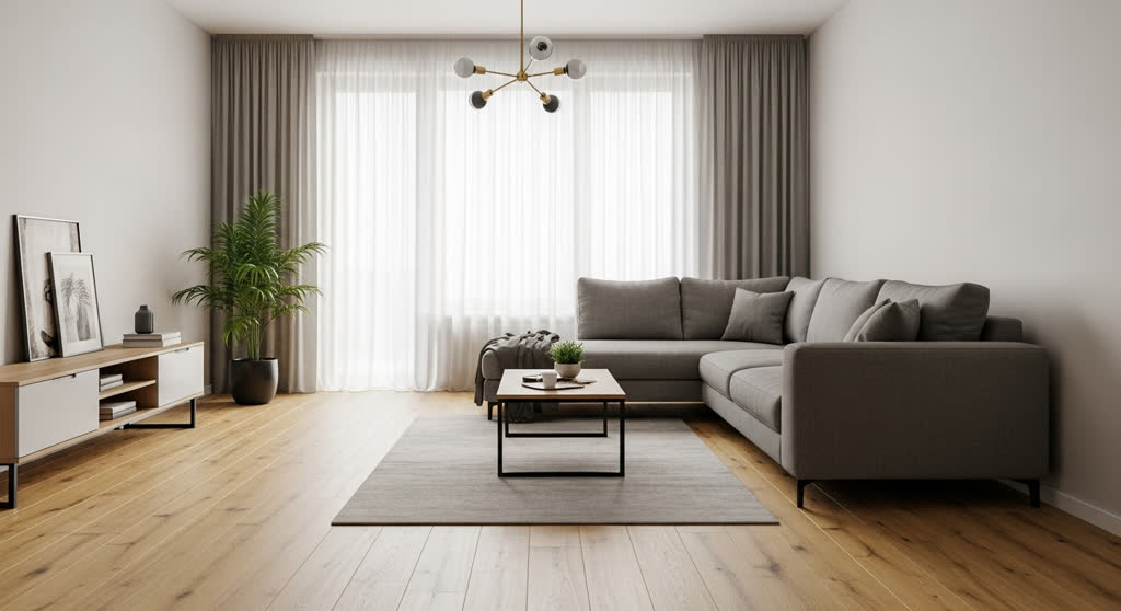 Empty modern living room with a grey sectional sofa and oak floor