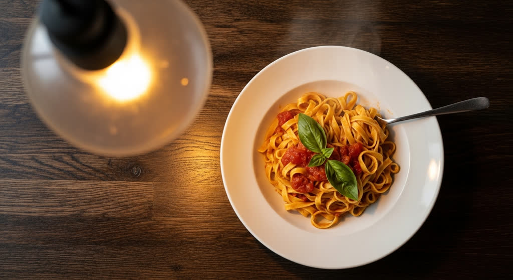 Bowl of tagliatelle with tomato sauce and basil on a dark wooden table
