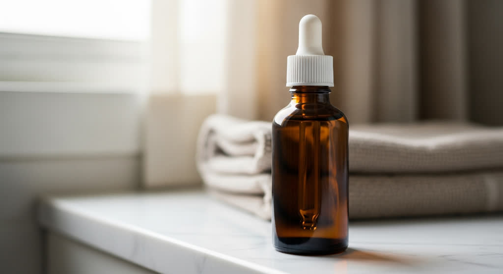 Amber glass serum bottle on a marble bathroom counter