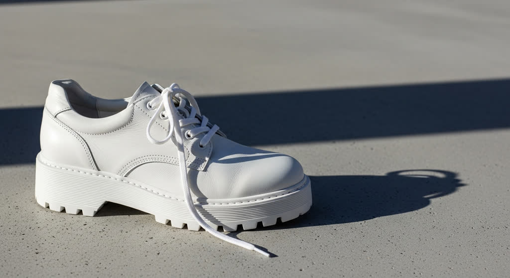 White leather sneaker on grey concrete in hard sunlight
